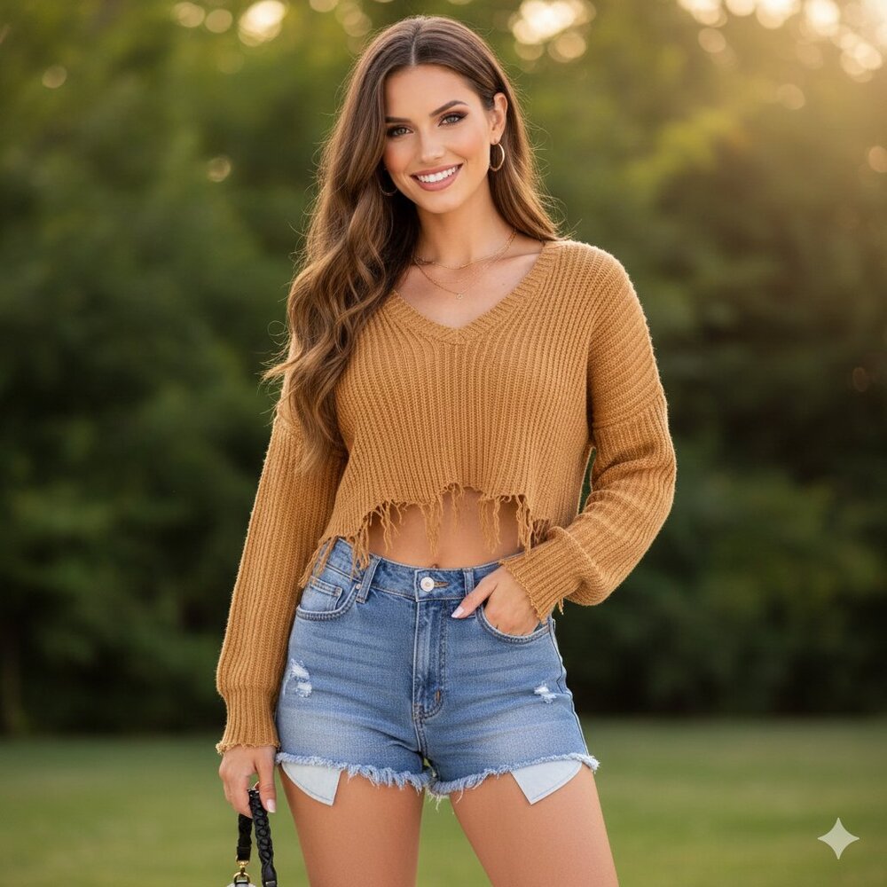 Shredded Sweater - Long Sleeve - V-Neck Lantern Sleeves - Distressed Look